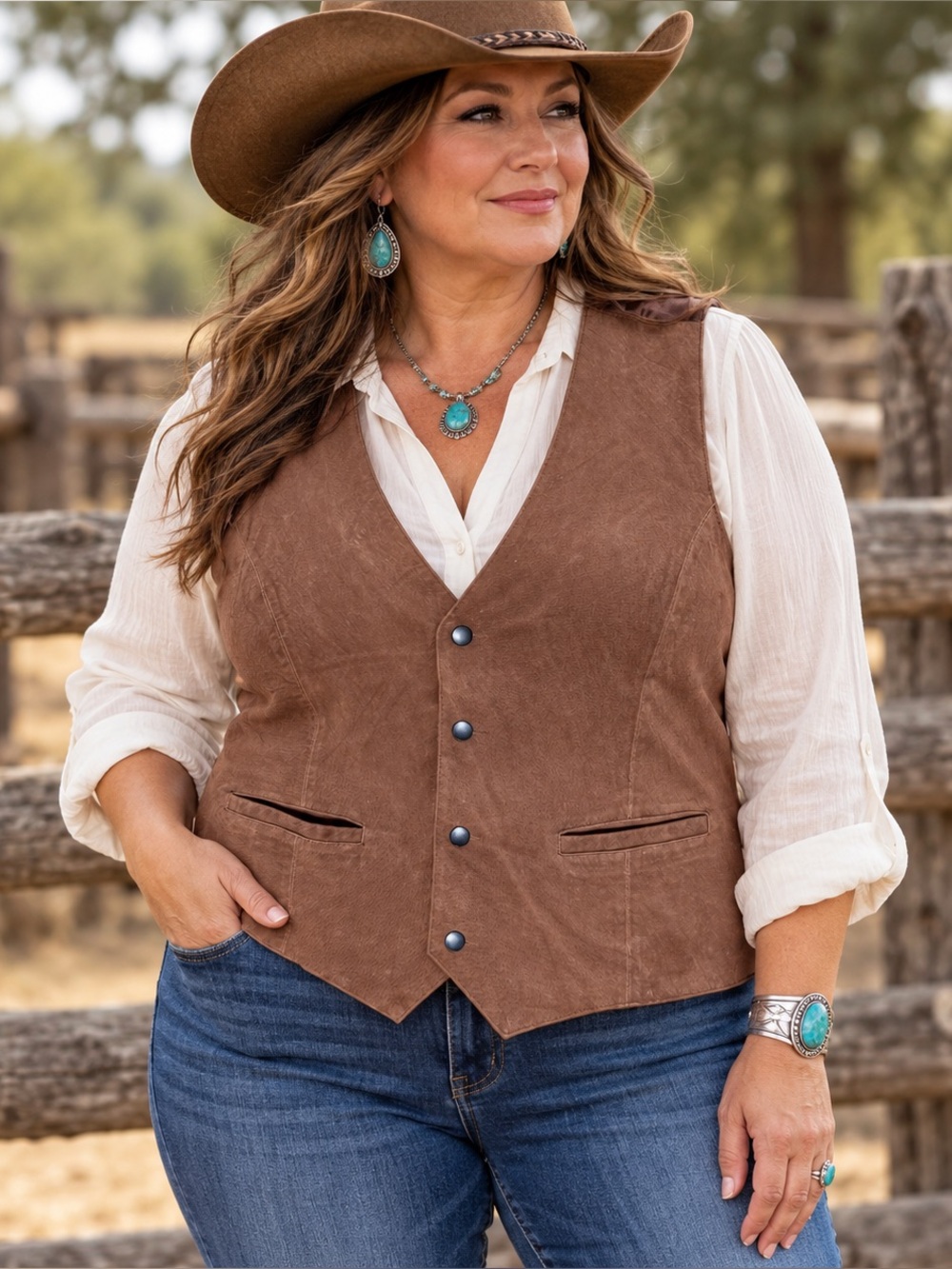 Le Ersi Brown Genuine Leather Western Snap Front Vest Plus Size 1X